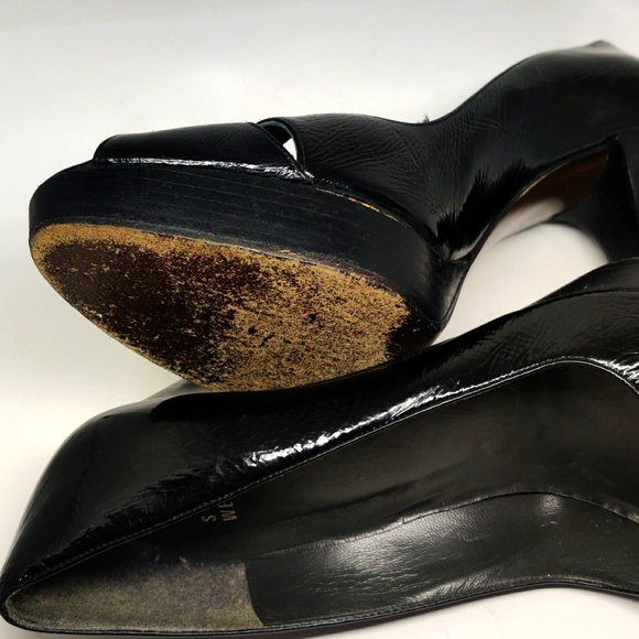 Stuart Weitzman 4.75" Black Patent Leather Heels Open Toe 1" Platform - Picture 6 of 9